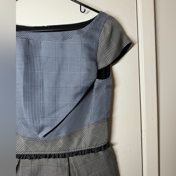Zac Posen 100% Silk Plaid Blue Black Grey Structured Cap Sleeve Shift Dress 6 - Picture 4 of 15